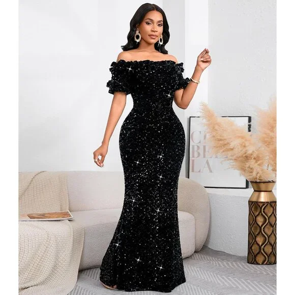 Women Sexy Sequin Off Shoulder Ruffle Short Sleeve Bodycon Mermaid Party Formal